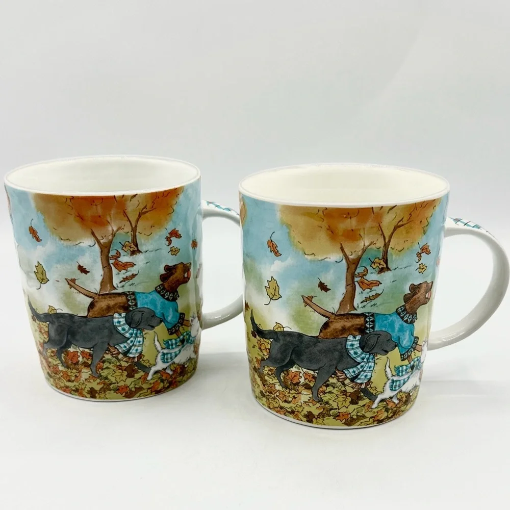 2 Pier 1 Imports Park Ave Lazy Sunday Autumn Dogs, 20 oz Mugs